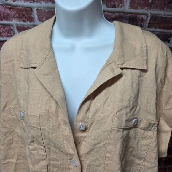 Isabel Maternity Linen Button-Up Shirt Large Taupe V Neck Short Sleeve Collared - Picture 5 of 6